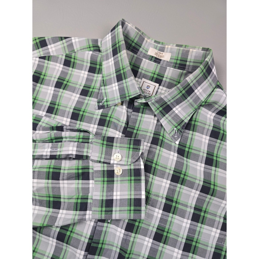 Peter Millar Mens Large Green Grey Plaid Cotton Button Down Long Sleeve Shirt